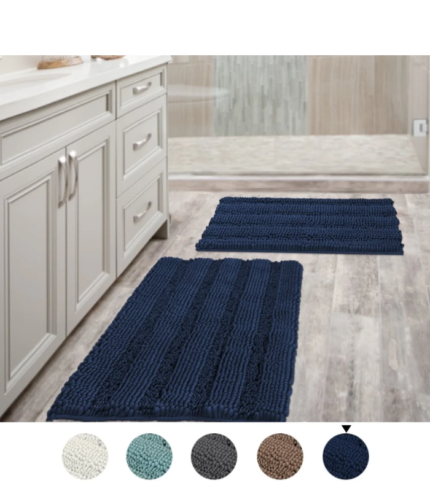 Bathroom Rugs Slip-Resistant Extra Absorbent Soft and Fluffy Thick Striped Bath Mat Non Slip Microfiber Shag Floor Mat Dry Fast Waterproof Bath Mat (1 Piece, Set of 2, or Runner)