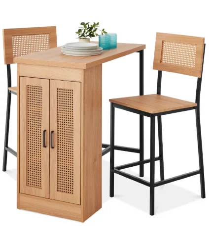 Best Choice Products 3-Piece Counter Height Rattan Dining Table Set w 3 Adjustable Storage Shelves, Cabinet Doors