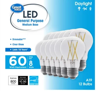 Great Value 18 Year LED Light Bulbs A19 60 Watts Equivalent, E26, Dimmable Daylight Clear Glass, 12 Pack