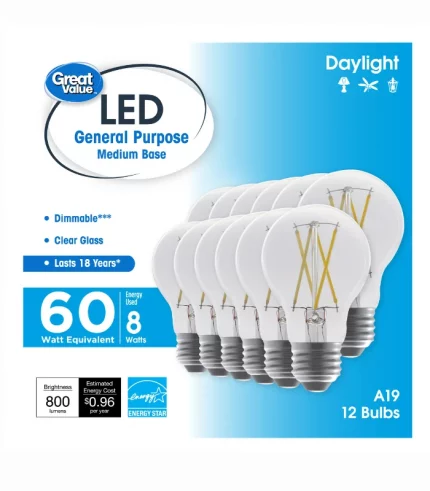 Great Value 18 Year LED Light Bulbs A19 60 Watts Equivalent, E26, Dimmable Daylight Clear Glass, 12 Pack