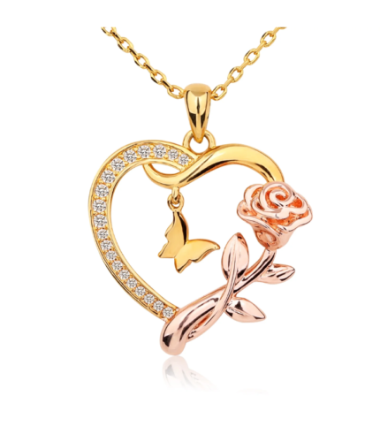 Heart Necklace for Women 14k Gold Plated CZ Romantic Rose and Butterfly Jewelry Gift for Women Girls Birthday Valentine's Day