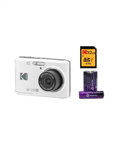 Kodak PIXPRO FZ45 Digital Camera (White) with 32GB SD Card and 4 AA Batteries