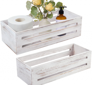 LotFancy Bathroom Decor Box, 2 Pack, Wood Retro Toilet Storage Basket for Back of Toilet, White