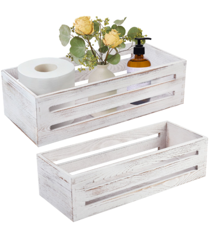 LotFancy Bathroom Decor Box, 2 Pack, Wood Retro Toilet Storage Basket for Back of Toilet, White