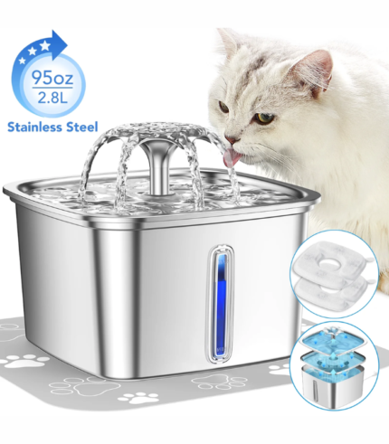 Ophanie 95oz2.8L Stainless Steel Cat Water Fountain - Automatic Pet Water Dispenser for Cats, Dogs - Includes Replacement Filters & Silicone Mat, Electric Water Bowl for Multiple Pets, Silver