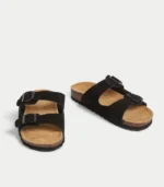 Suede Buckle Footbed Mules