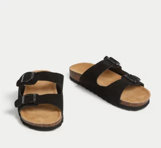 Suede Buckle Footbed Mules