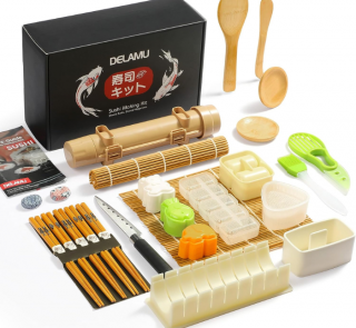 Sushi Making Kit, Delamu 27 in 1 Parent-child Sushi Roller with Bamboo Sushi Mats, Sushi Bazooka, Onigiri Mold, Rice Paddle, Sushi Knife, Guide Book & More