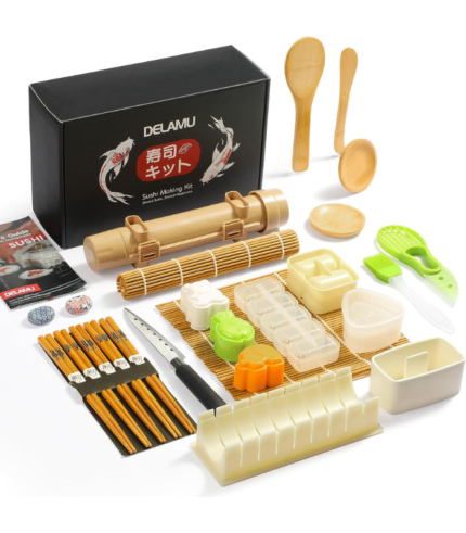 Sushi Making Kit, Delamu 27 in 1 Parent-child Sushi Roller with Bamboo Sushi Mats, Sushi Bazooka, Onigiri Mold, Rice Paddle, Sushi Knife, Guide Book & More