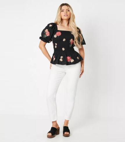 Embroidered Shirred Bodice Blouse