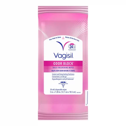 Vagisil Wipes for All Over Cleaning, Odor Block, Hypoallergenic, Re-Sealable, 20 Count, Pack of 1