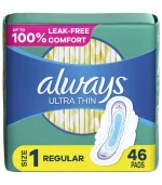 Always Ultra Thin Feminine Pads with Wings for Women, Size 1, Regular Absorbency, Unscented, 46 Count