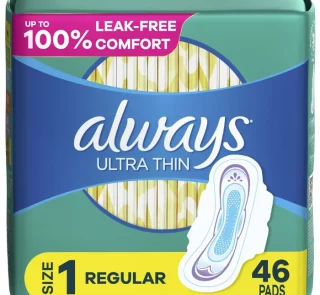 Always Ultra Thin Feminine Pads with Wings for Women, Size 1, Regular Absorbency, Unscented, 46 Count