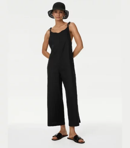 Linen Rich Wide Leg Cropped Jumpsuit