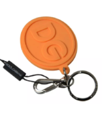 Logo engraved metal keychain in orange and gold