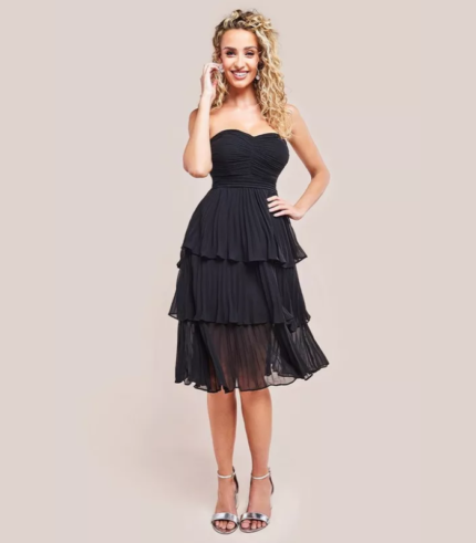 Pleated Bandeau Bodice Chiffon Tiered Midi