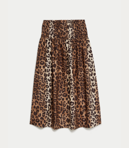 Printed Shirred Midi A-Line Skirt