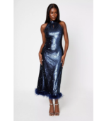 Sequin Feather Trim Midi Halter Dress