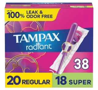 Tampax Radiant Tampons Duo Pack with LeakGuard Braid, RegularSuper Absorbency, 38 Ct