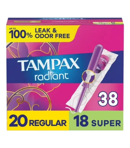 Tampax Radiant Tampons Duo Pack with LeakGuard Braid, RegularSuper Absorbency, 38 Ct