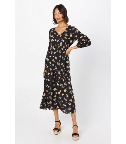 Black Floral V Neck Midi Dress