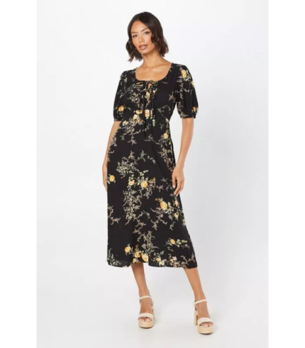 Floral Double Tie Front Midi Dress