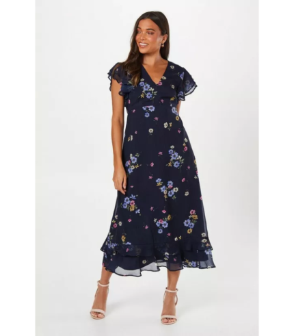 Petite Navy Floral Chiffon Ruffle Front Midi Dress