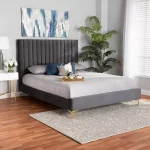 Queen Serrano Velvet Fabric Upholstered and Metal Platform Bed GrayGold - Baxton Studio Channel Tufted, No Box Spring Needed