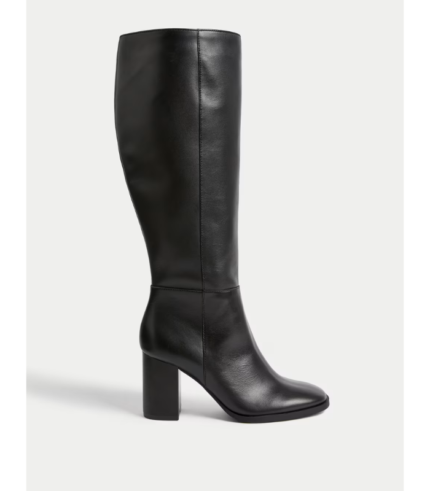 Leather Block Heel Knee High Boots