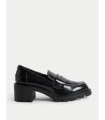 Leather Patent Slip On Block Heel Loafers