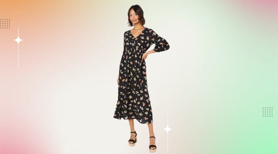 Black Floral V Neck Midi Dress