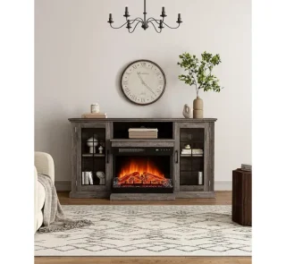 3-Sided Electric Fireplace TV Stand with Glass Door Closed Storage