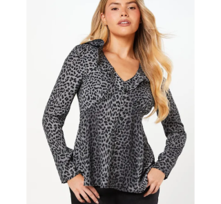 Black Animal Ruffle Neck Long Sleeve Button Front Tea Blouse