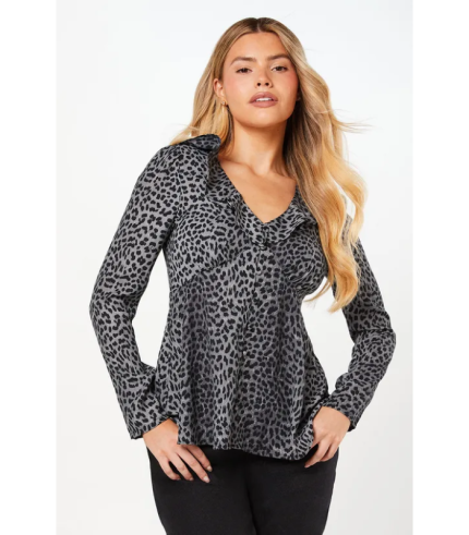 Black Animal Ruffle Neck Long Sleeve Button Front Tea Blouse