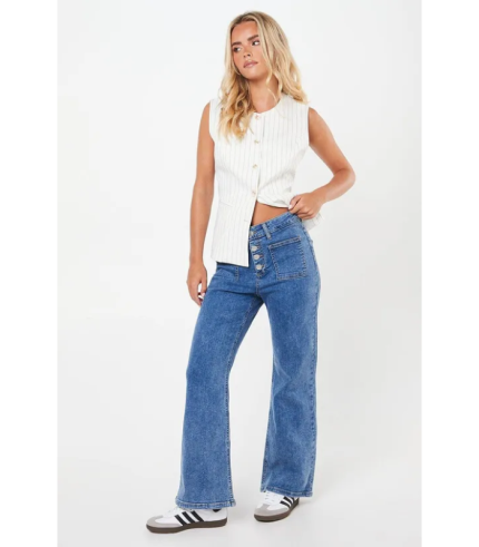 Petite High Rise Button Detail Patch Pocket Flare Jeans