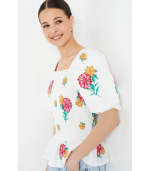 Floral Embroidered Shirred Bodice Blouse