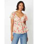 Floral Knot Front Puff Sleeve Blouse