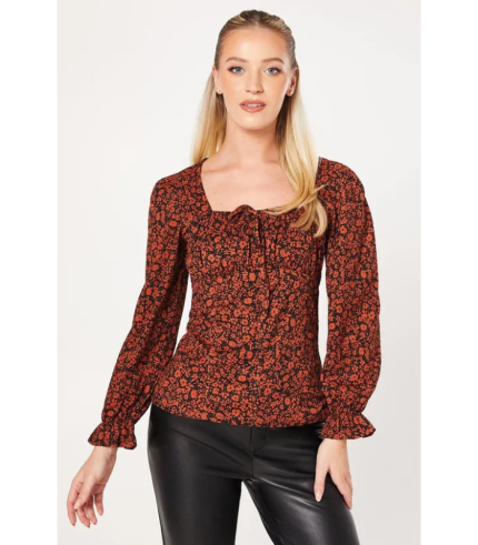 Burgundy Ditsy Tie Front Long Sleeve Top