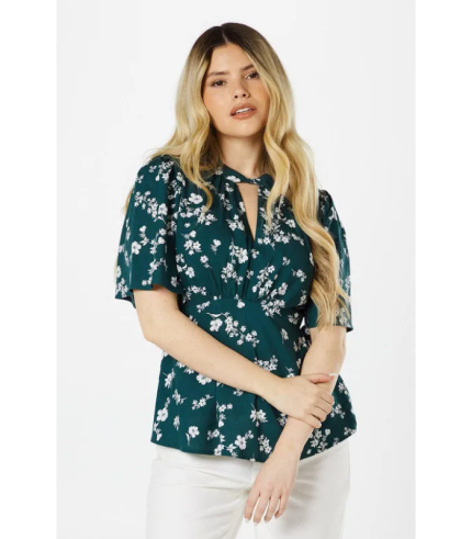 Green Ditsy Twist Neck Keyhole Blouse