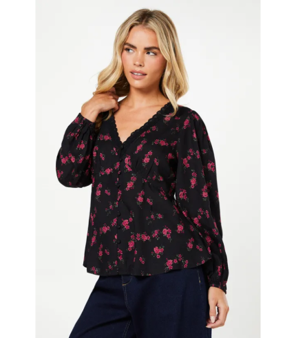 Petite Berry Ditsy Long Sleeve Lace Trim Button Front Tea Blouse