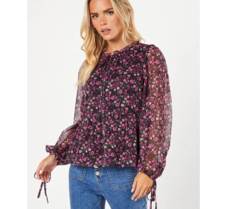 Petite Ditsy Tie Neck Chiffon Blouse