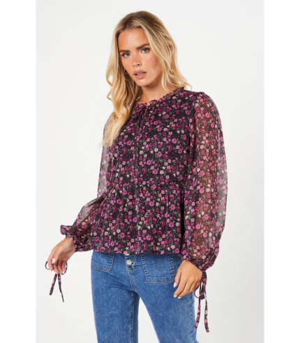 Petite Ditsy Tie Neck Chiffon Blouse