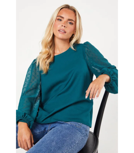 Petite Dobby Contrast Sleeve Blouse