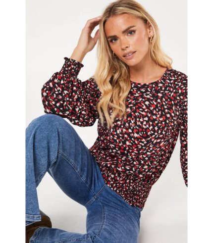 Petite Red Animal Shirred Hem Blouse