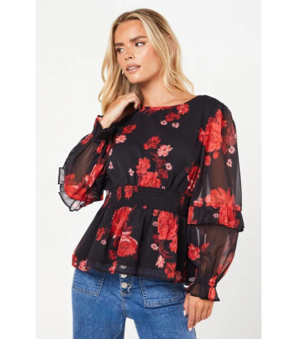 Petite Red Floral Ruffle Long Sleeve Chiffon Blouse