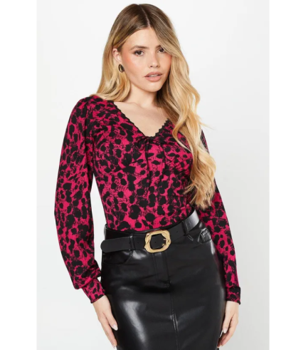 Pink Animal Lace Trim Empire Top