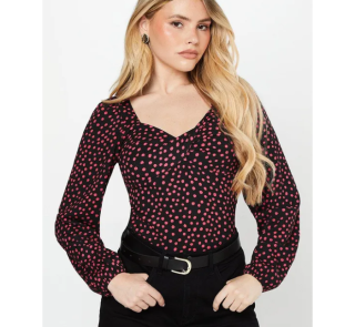 Pink Spot Twist Front Long Sleeve Top