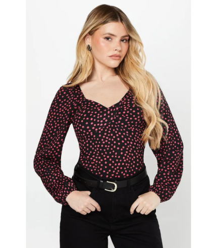 Pink Spot Twist Front Long Sleeve Top