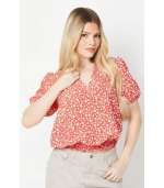 Red Ditsy Shirred Hem Button Through Blouse