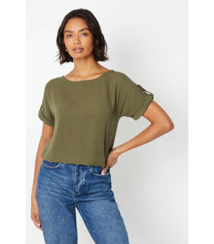 Roll Sleeve Shirred Hem Blouse